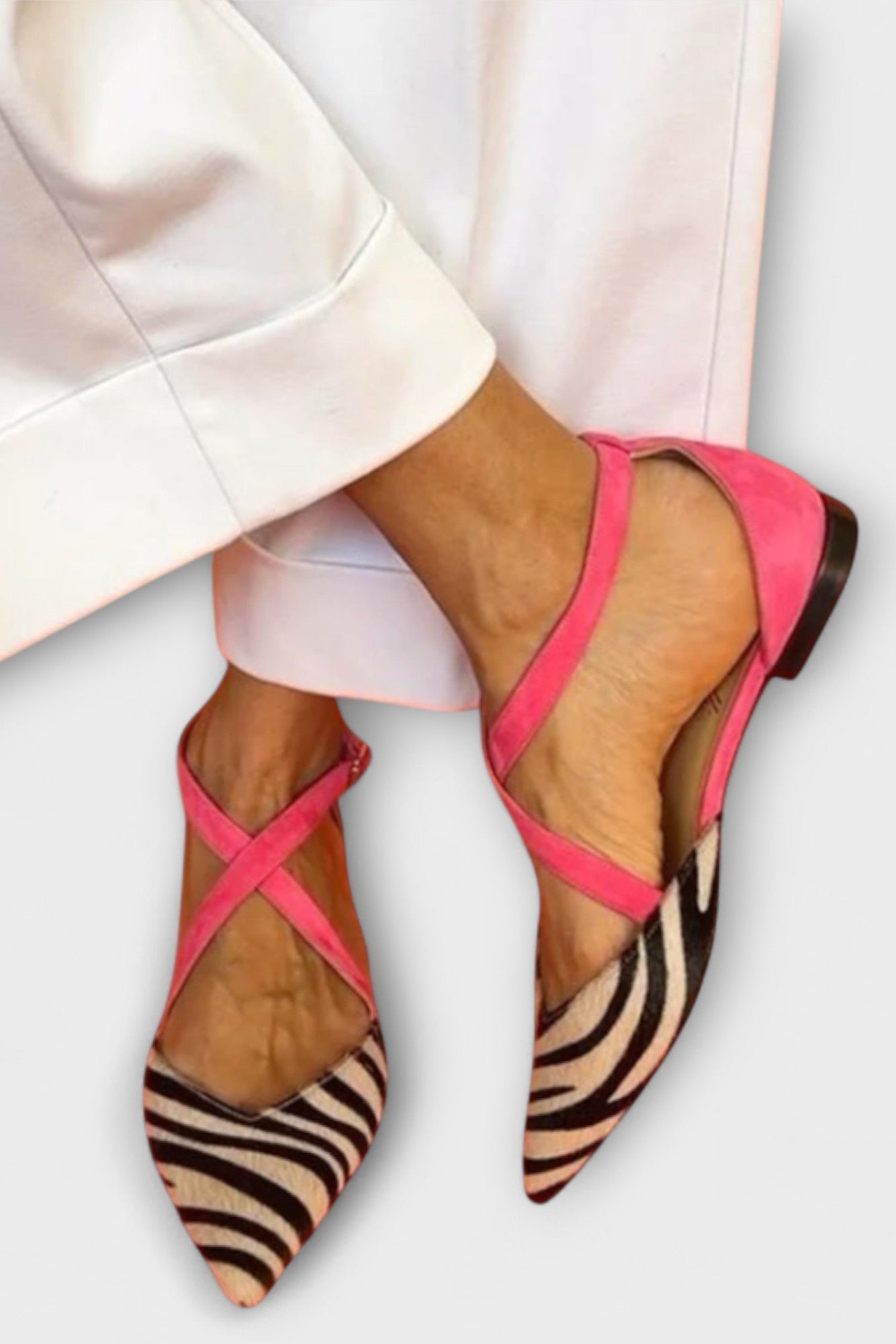 Fenna Ballet Flats with Zebra Print and Crisscross Straps