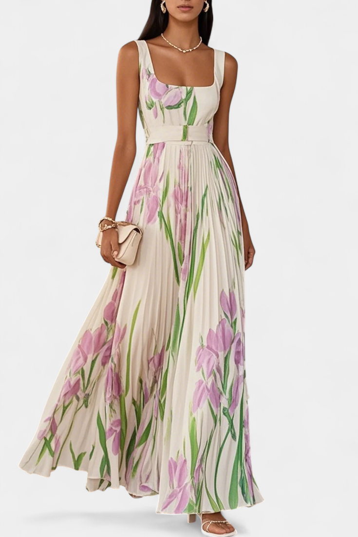 Calanthe Long Pleated Dress with Floral Print and Square Neckline