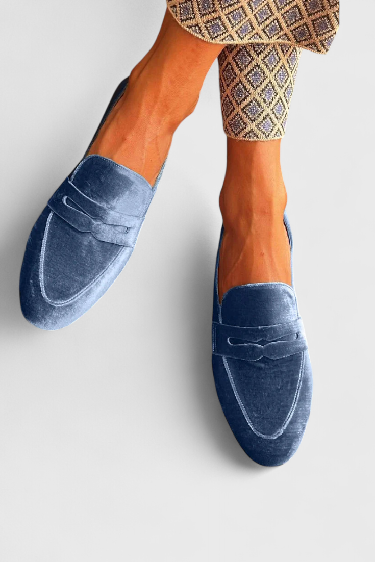 Llnica Blue Velvet Moccasins with Patchwork Details and Round Toe