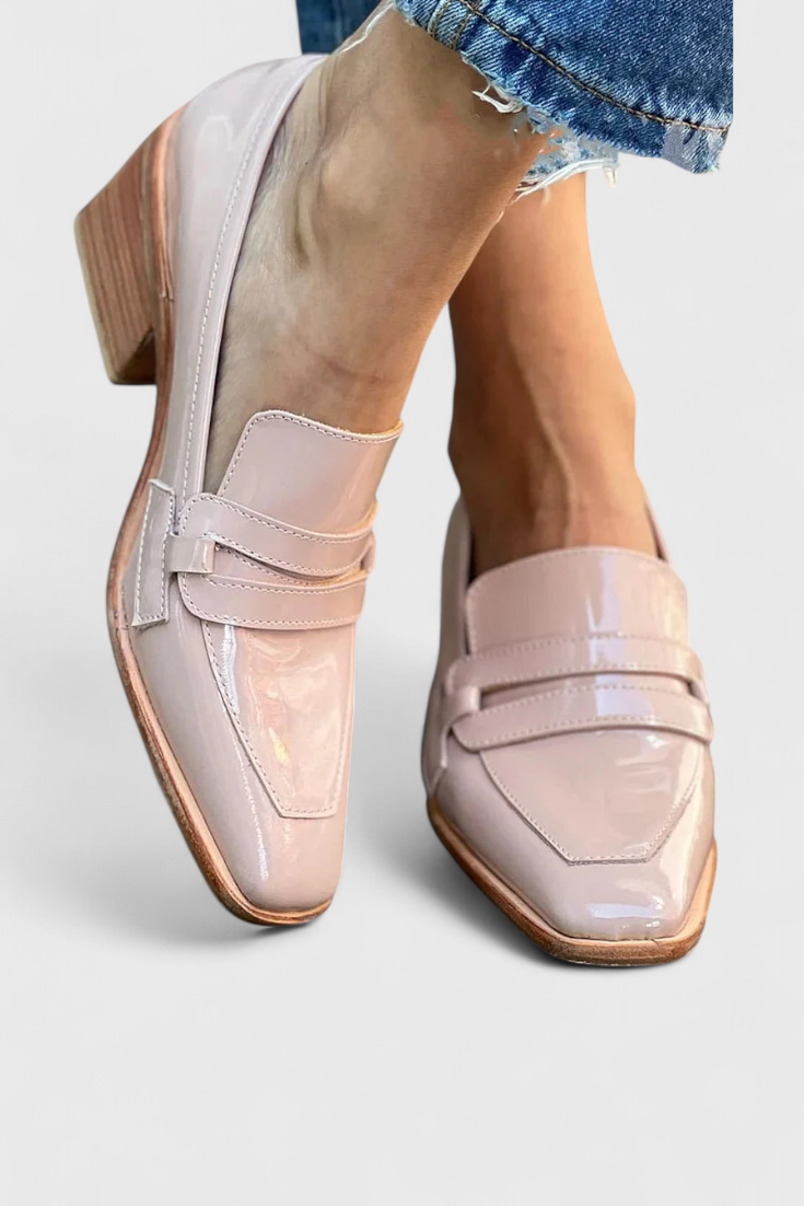 Pink Patent Leather Sasha Loafers with Square Toe and High Heel