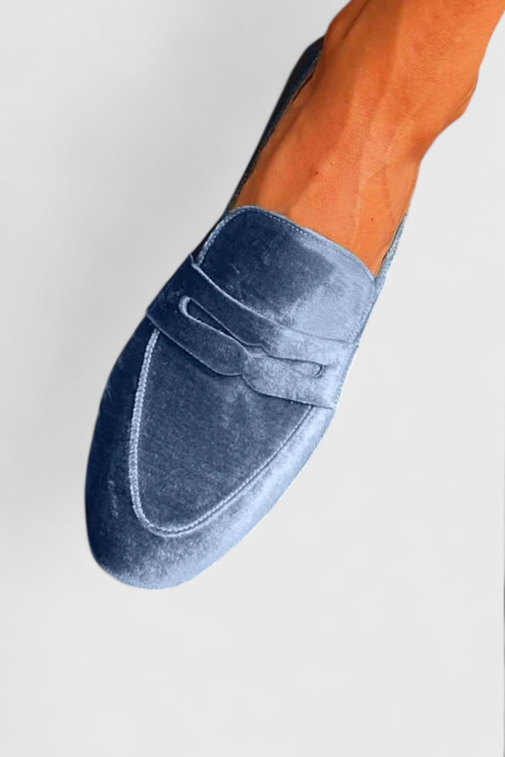 Llnica Blue Velvet Moccasins with Patchwork Details and Round Toe