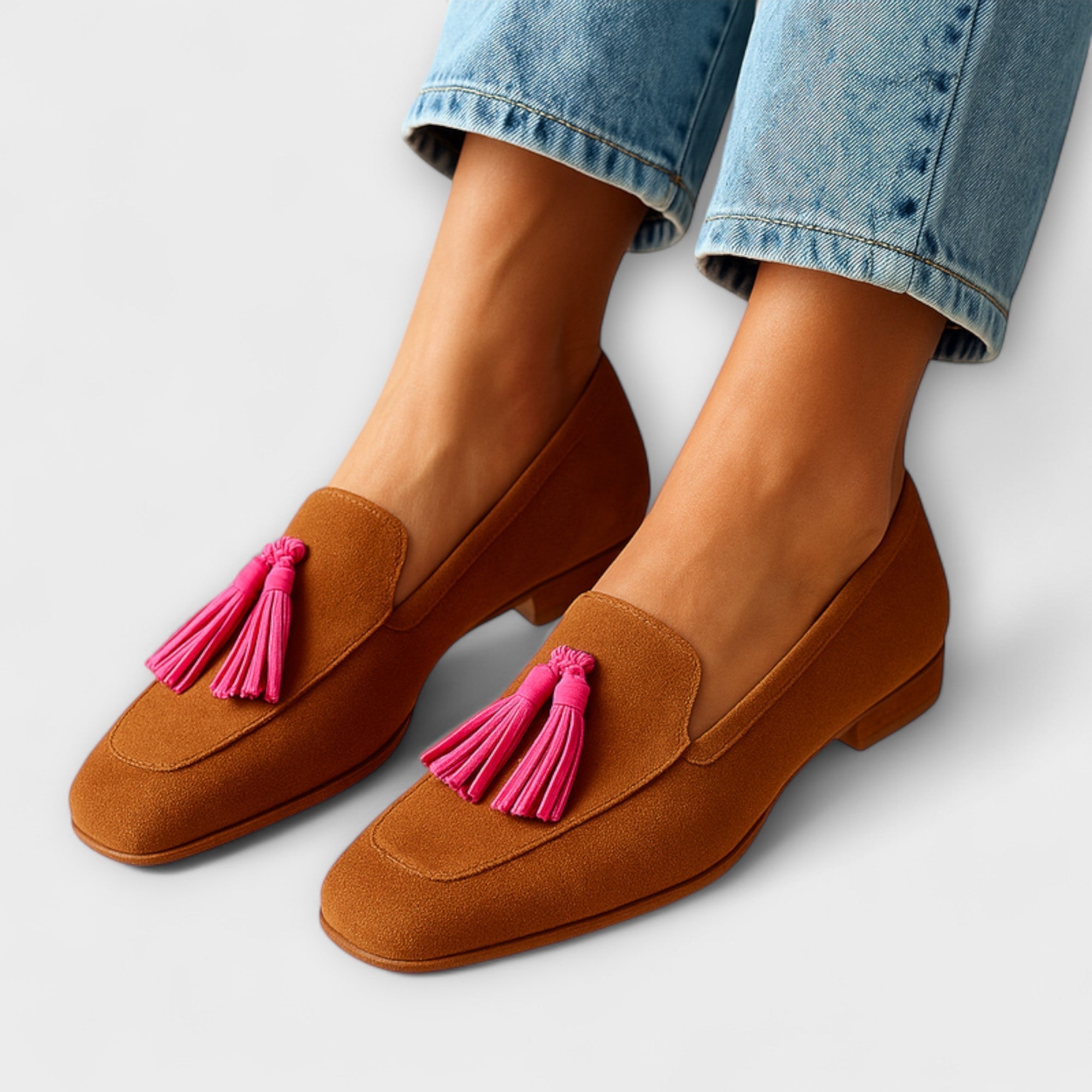 Pink Suede Loafers with Decorative Fringes