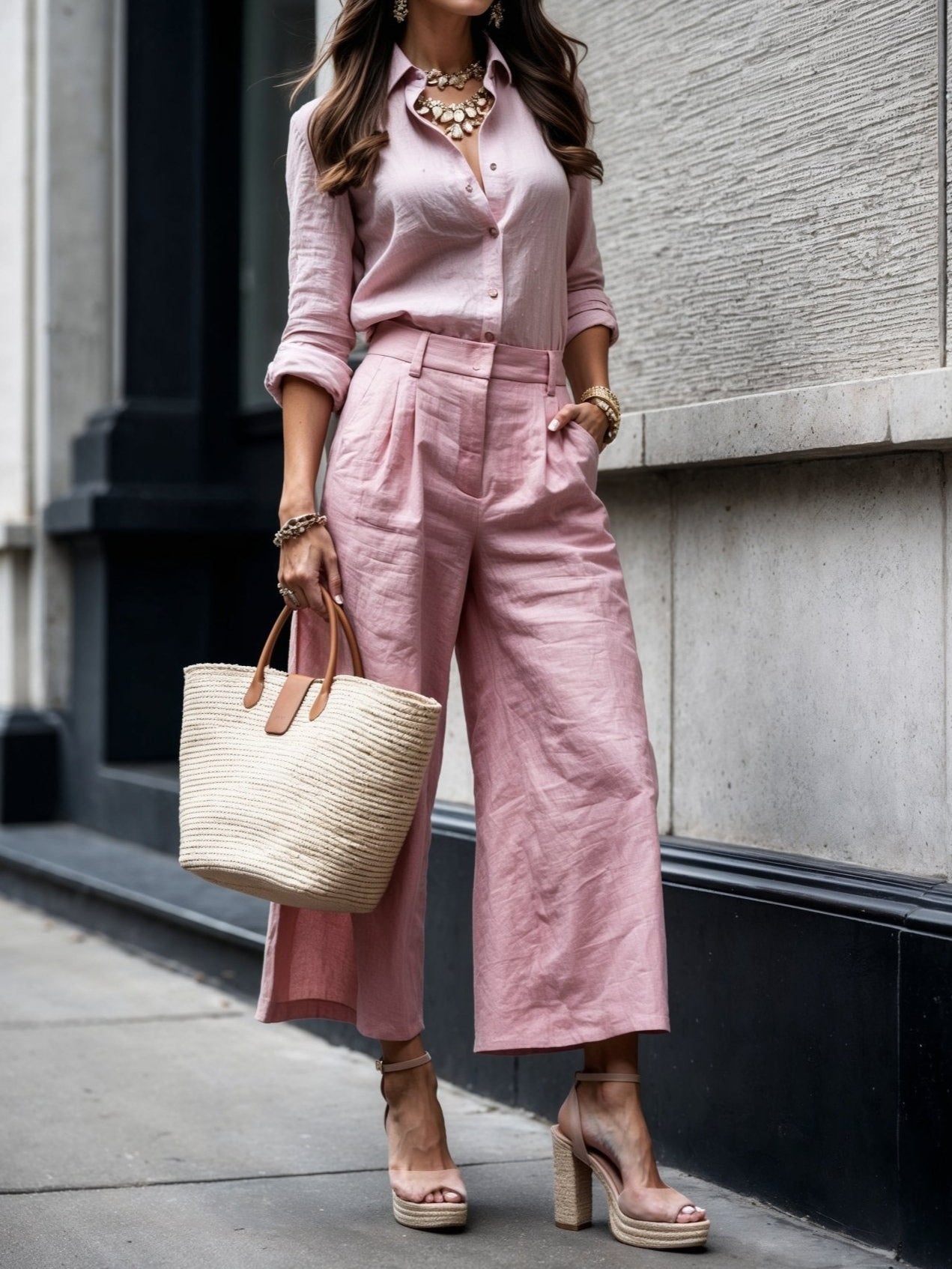 Linen Set: Pink Capri Pants and Loose Shirt