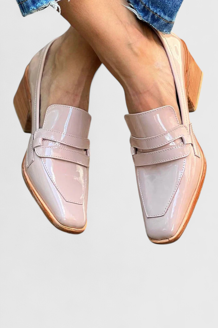 Pink Patent Leather Sasha Loafers with Square Toe and High Heel